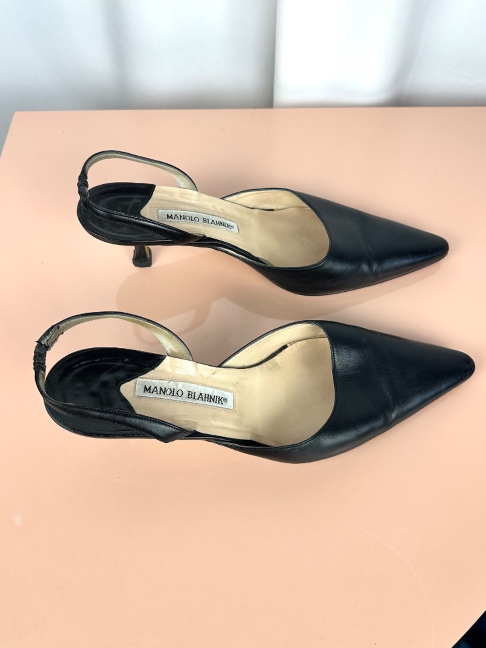 Vintage Manolo Blahnik Black Leather Pointed Toe Slingback Heels EU 39 - Picture 9 of 16